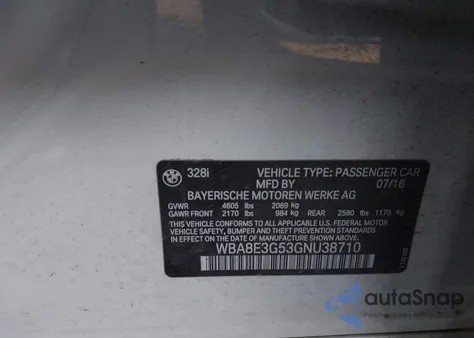 2016 BMW 328 Xi Sulev from USA, damaged, VIN WBA8E3G53GNU38710